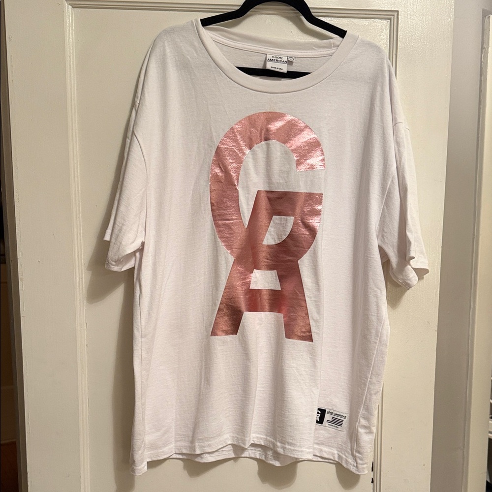 Good American White Tee with Metallic Rose Gold Design